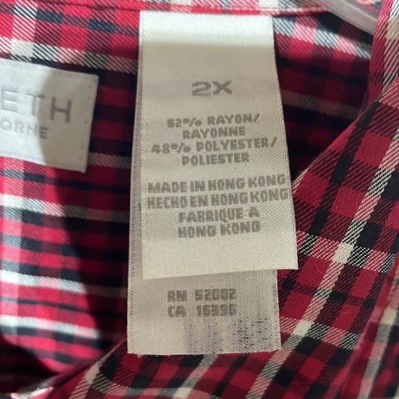 Elizabeth 2x vintage plaid red black white long blouse rayon polyester euc - Picture 3 of 9